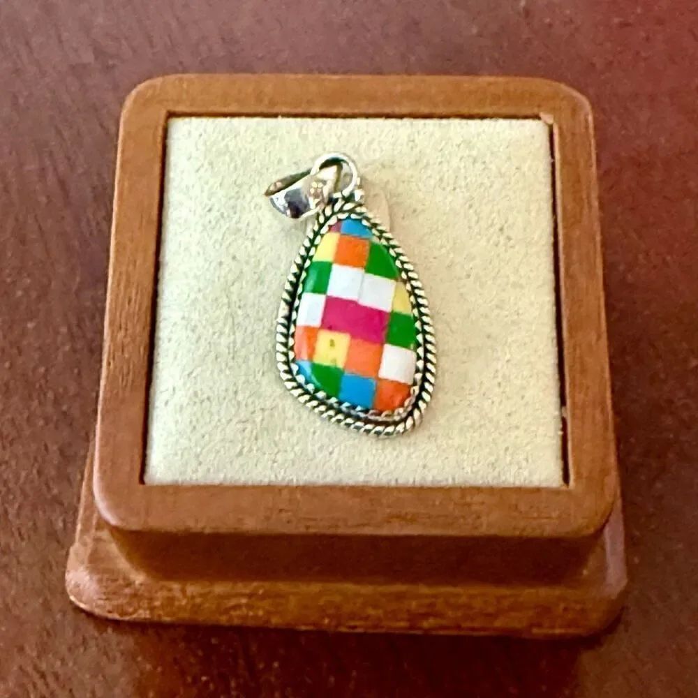 Stunning Aurora Opal Checkerboard Pendant Necklace 925 Sterling Silver Teardrop